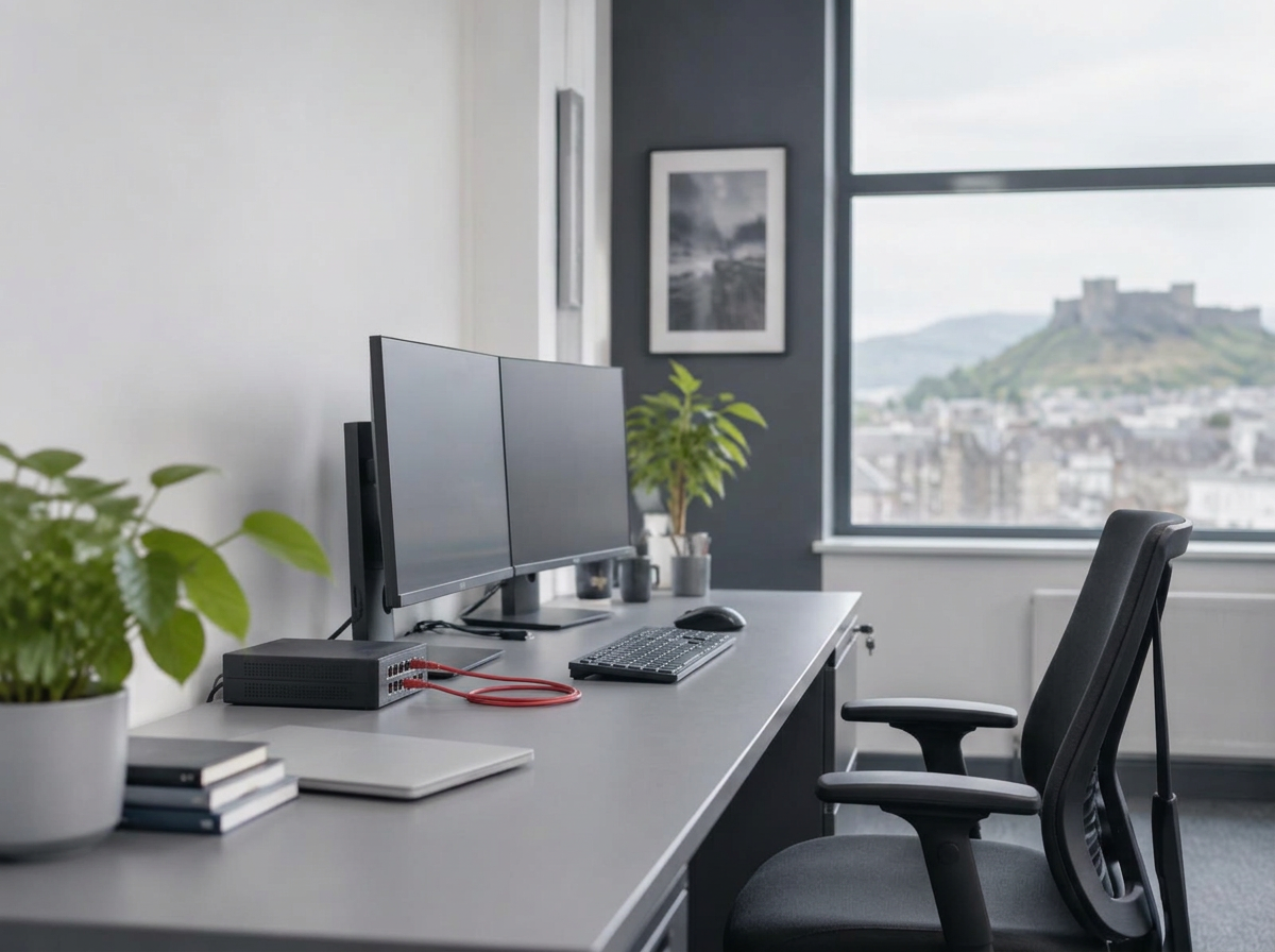 Organised office computer workspace with dual monitors